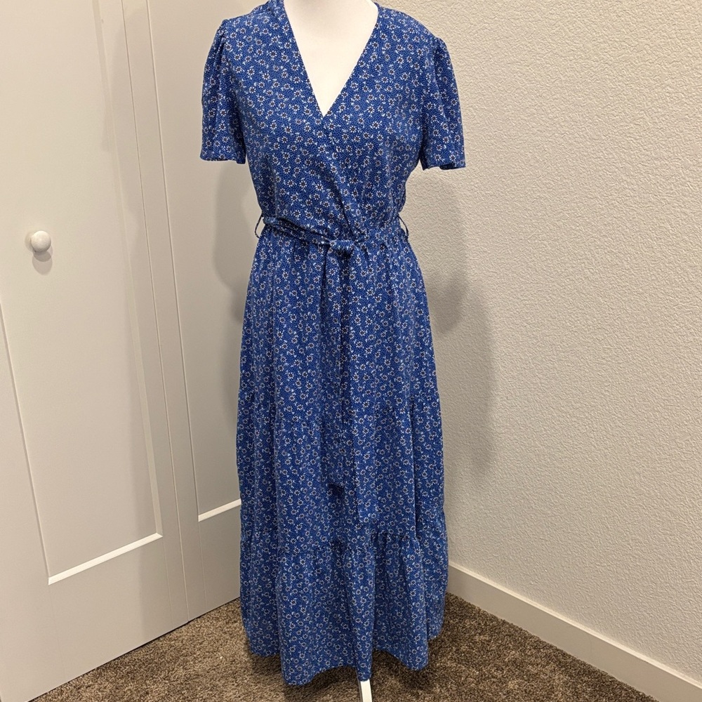 Blue and White Maxi Wrap Dress with V-Neck